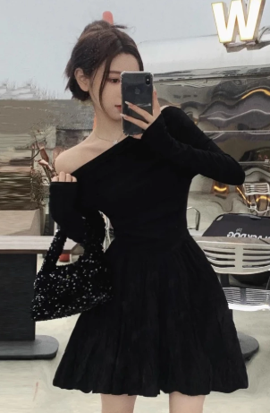 elegant off shoulder black mini dress | long sleeve ruched fit & flare party dress elegant off shoulder black mini dress | long sleeve ruched fit & flare party dress