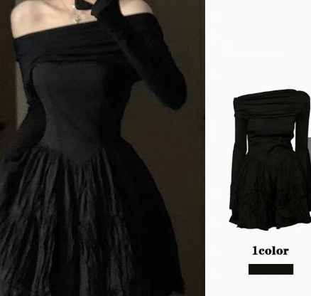 elegant off shoulder black mini dress | long sleeve ruched fit & flare party dress elegant off shoulder black mini dress | long sleeve ruched fit & flare party dress