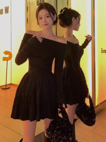 elegant off shoulder black mini dress | long sleeve ruched fit & flare party dress elegant off shoulder black mini dress | long sleeve ruched fit & flare party dress
