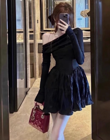 elegant off shoulder black mini dress | long sleeve ruched fit & flare party dress elegant off shoulder black mini dress | long sleeve ruched fit & flare party dress