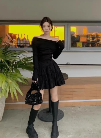 elegant off shoulder black mini dress | long sleeve ruched fit & flare party dress elegant off shoulder black mini dress | long sleeve ruched fit & flare party dress